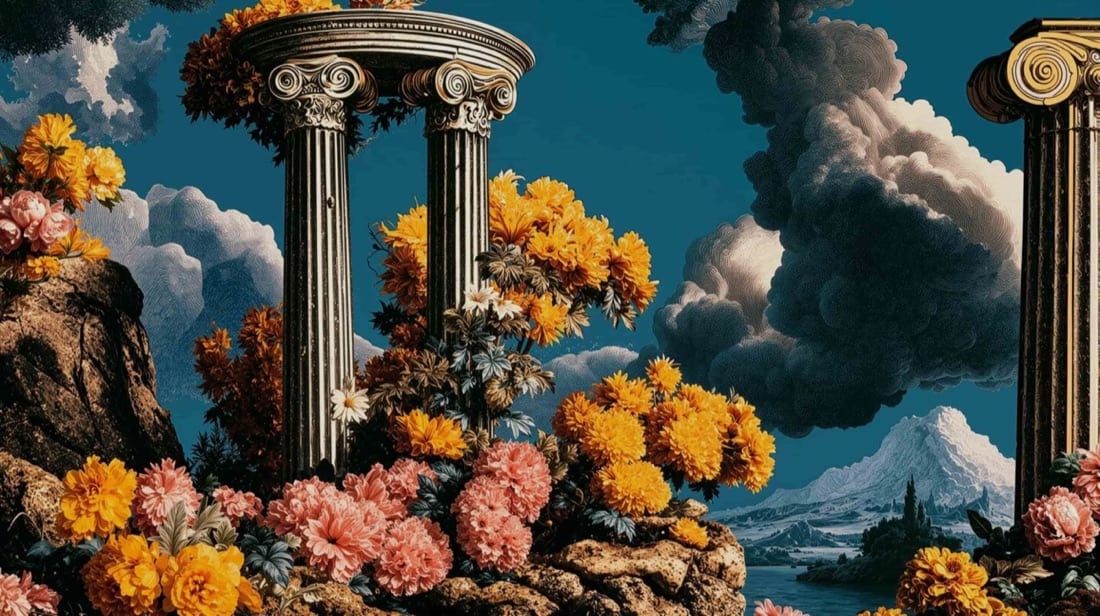 Marble columns among orange and pink flowers under a stormy sky